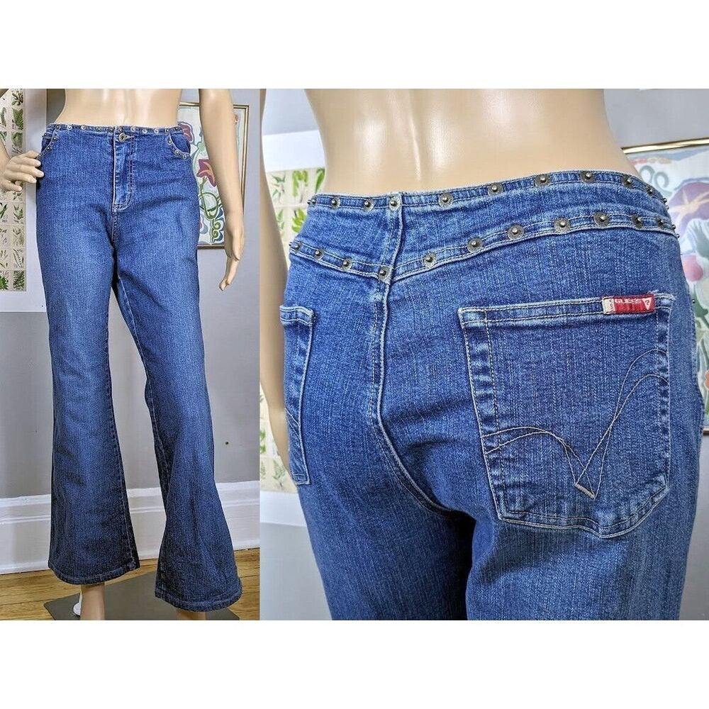 Vintage y2k Guess Jeans Flare Denim Studded Detail Medium Wash Size 31 - Picture 2 of 12